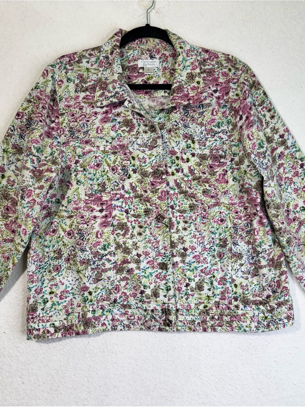 Christopher & Banks Pastel Floral Art Linen Cotton Blend Jacket VTG Coatigan XL